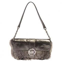 Michael Kors Metallic Grey Python Embossed Leather And Rabbit Fur Fulton Baguette For Women
