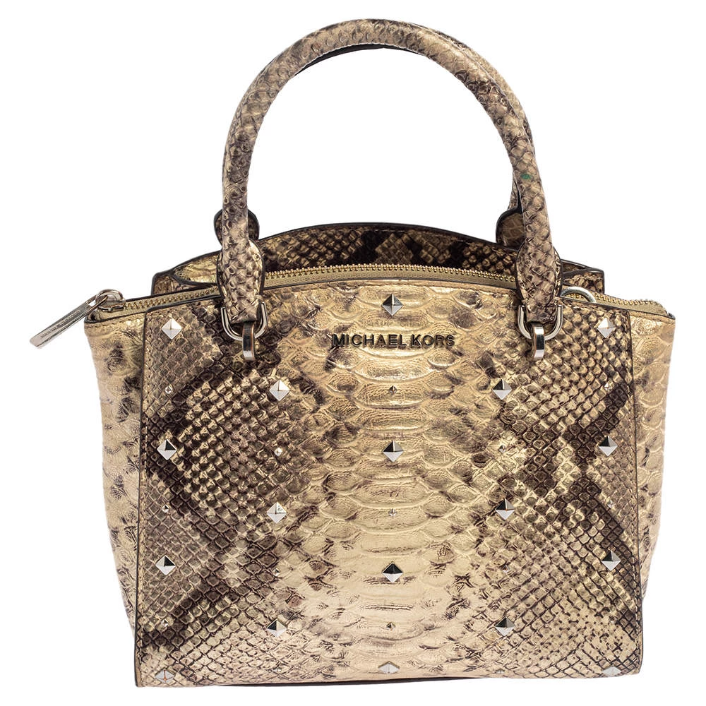 Michael Kors Metallic Gold And Black Python Embossed Leather Tote For Women