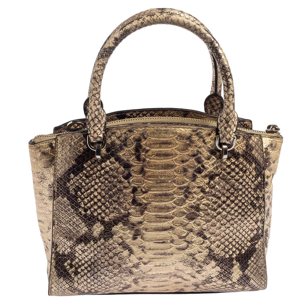 Michael Kors Metallic Gold And Black Python Embossed Leather Tote For Women - Image 4