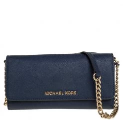 Michael Kors Blue Textured Leather Jet Set Chain Wallet For Women