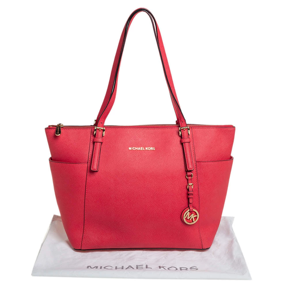 Michael Kors Coral Red Leather Medium Jet Set Top Zip Tote For Women - Image 10
