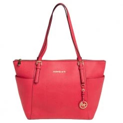 Michael Kors Coral Red Leather Medium Jet Set Top Zip Tote For Women
