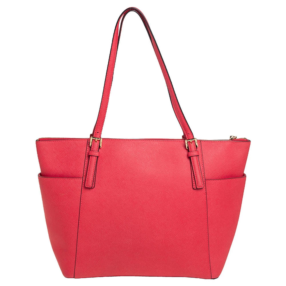Michael Kors Coral Red Leather Medium Jet Set Top Zip Tote For Women - Image 4
