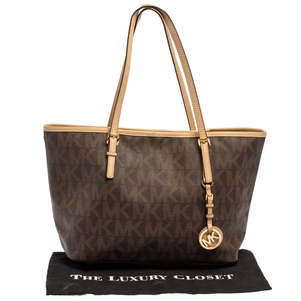 Michael Kors Brown/Beige Signature Coated Canvas And Leather Small Jet Set Travel Tote For Women - Image 10