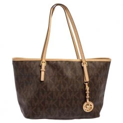 Michael Kors Brown/Beige Signature Coated Canvas And Leather Small Jet Set Travel Tote For Women