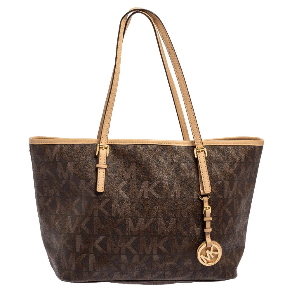 Michael Kors Brown/Beige Signature Coated Canvas And Leather Small Jet Set Travel Tote For Women