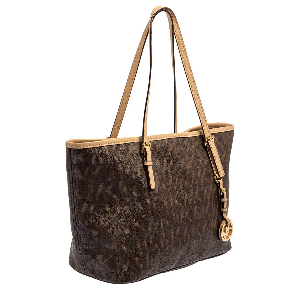 Michael Kors Brown/Beige Signature Coated Canvas And Leather Small Jet Set Travel Tote For Women - Image 3