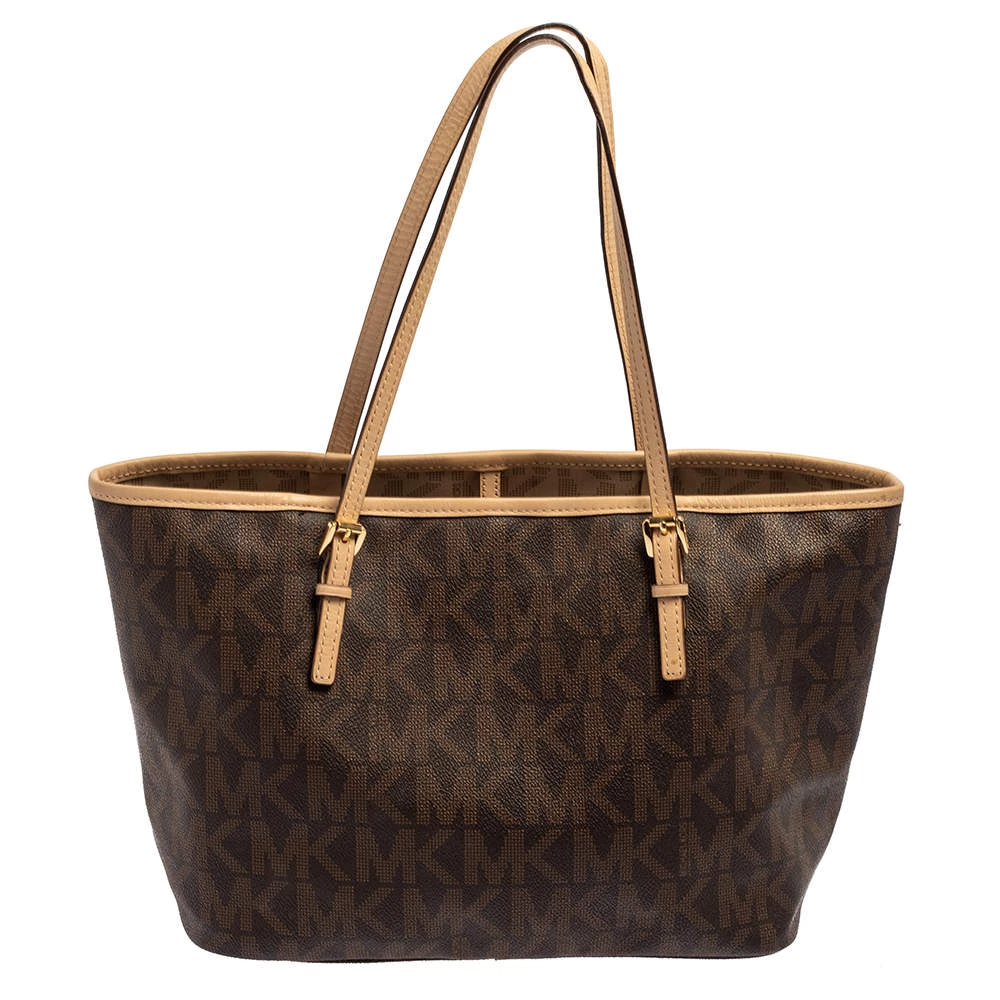 Michael Kors Brown/Beige Signature Coated Canvas And Leather Small Jet Set Travel Tote For Women - Image 4