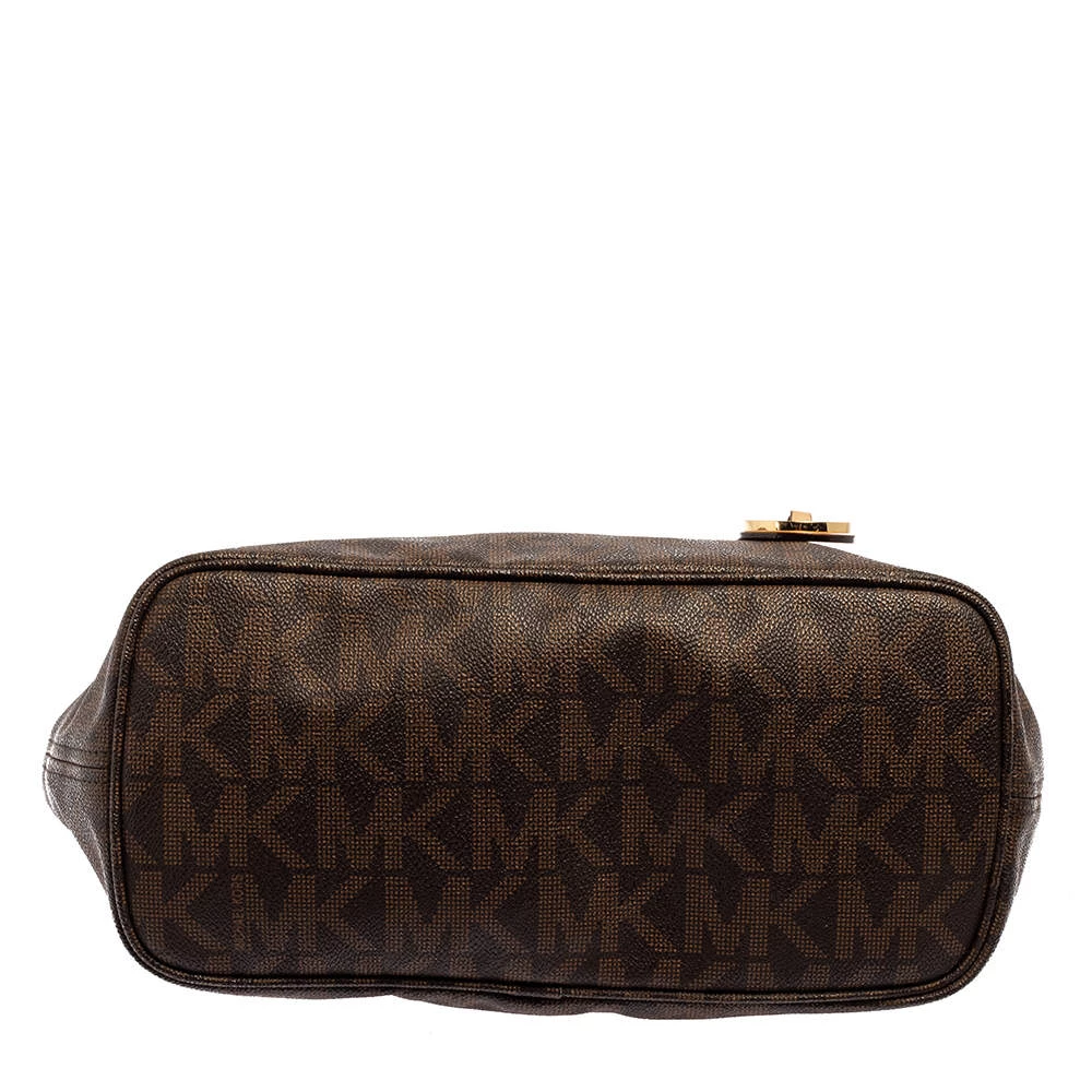 Michael Kors Brown/Beige Signature Coated Canvas And Leather Small Jet Set Travel Tote For Women - Image 6