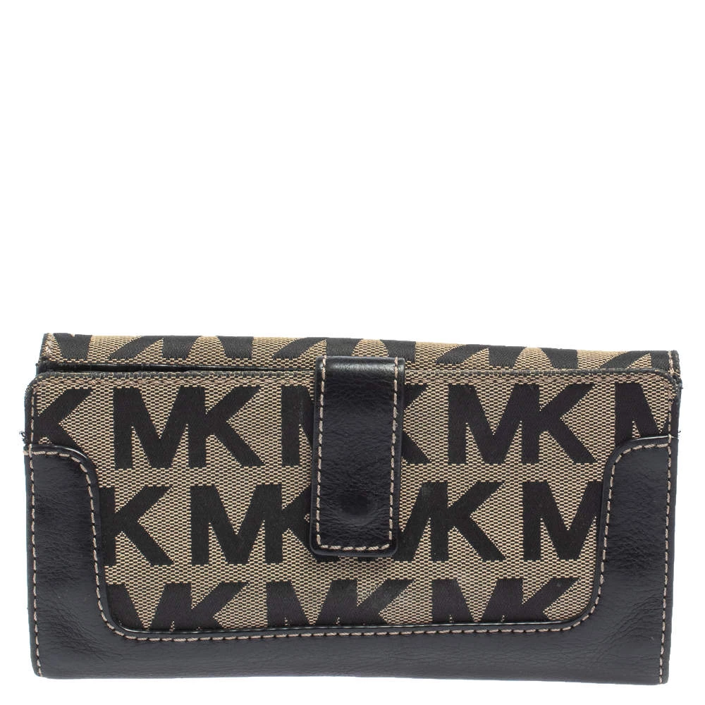 Michael Kors Beige/Black Signature Coated Canvas And Leather Brookville Caryall Continental Wallet For Women - Image 4