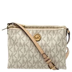 Michael Kors White/Tan Monogram Coated Canvas And Leather Crossbody Bag For Women