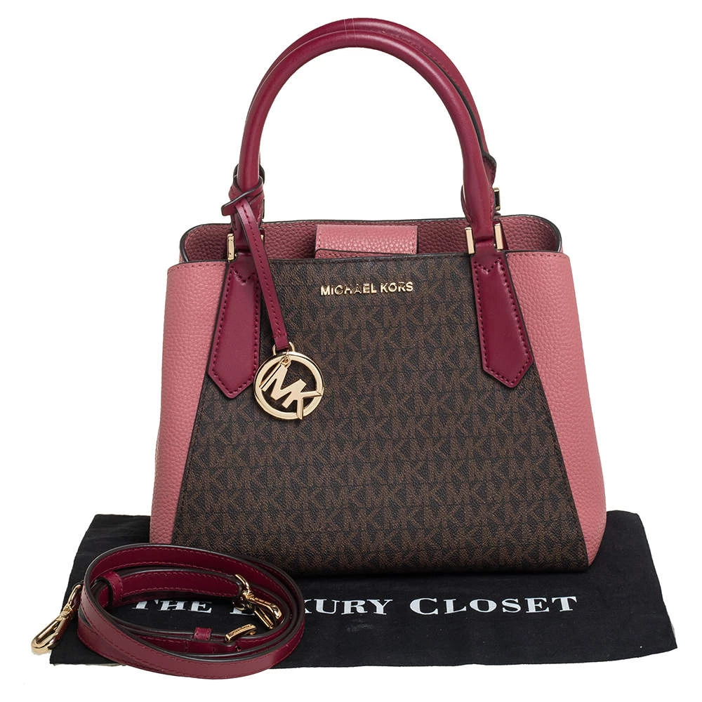 Michael Kors Pink/Brown Signature Coated Canvas And Leather Kimberly Satchel For Women - Image 10