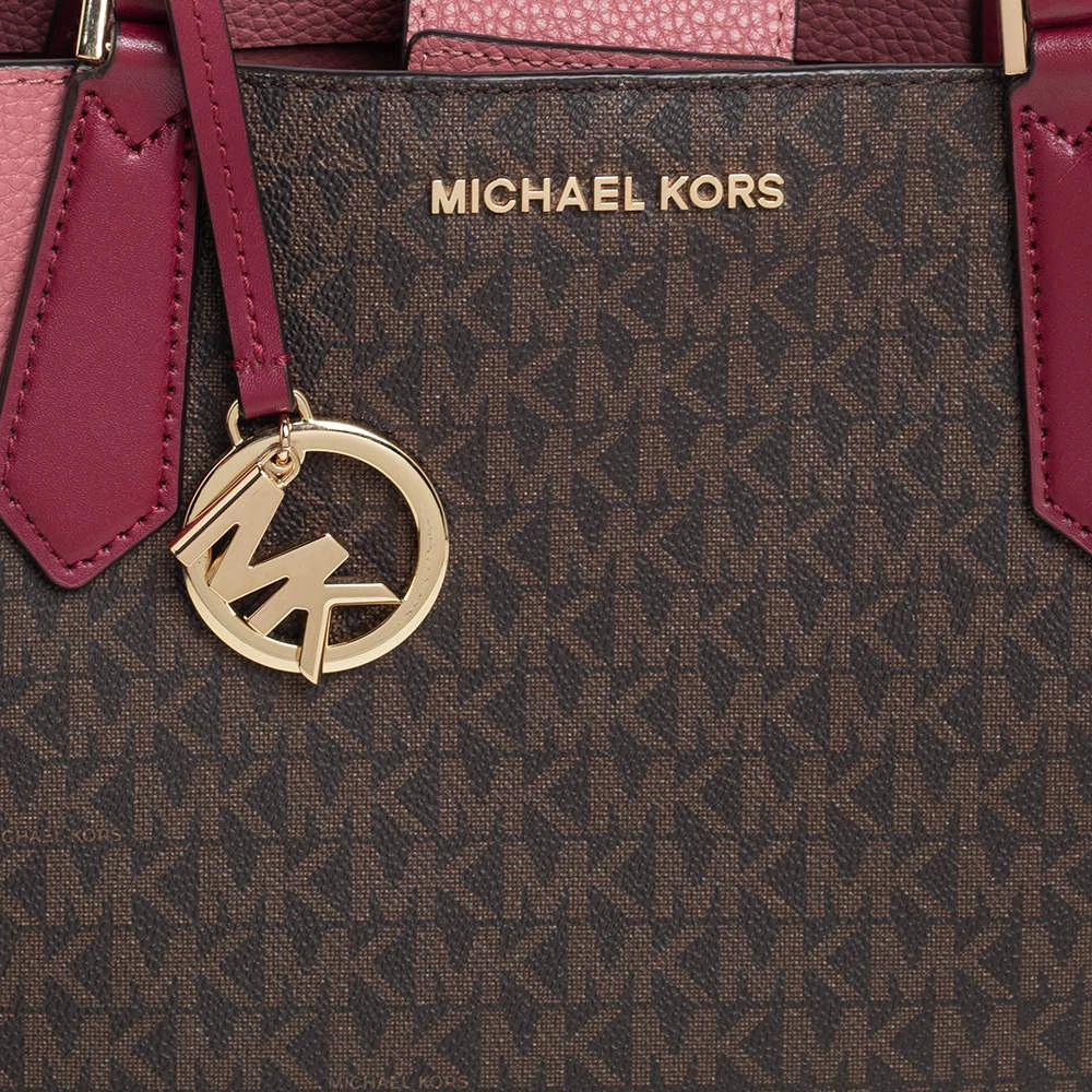 Michael Kors Pink/Brown Signature Coated Canvas And Leather Kimberly Satchel For Women - Image 5