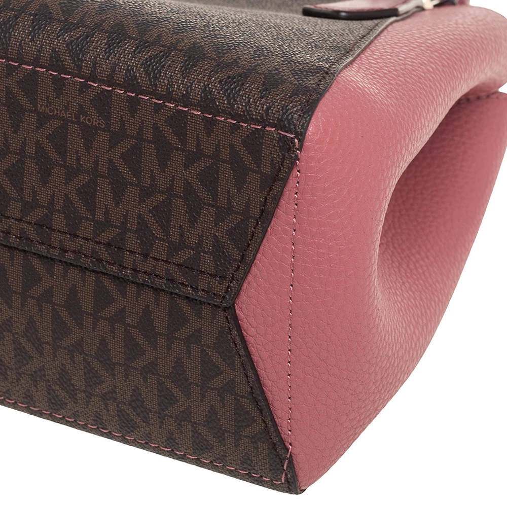 Michael Kors Pink/Brown Signature Coated Canvas And Leather Kimberly Satchel For Women - Image 12
