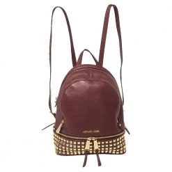 Michael Kors Burgundy Leather Small Studded Rhea Backpack For Women