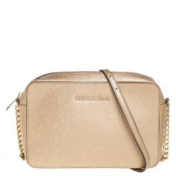 Michael Kors Gold Saffiano Leather Jet Set Camera Crossbody Bag For Women
