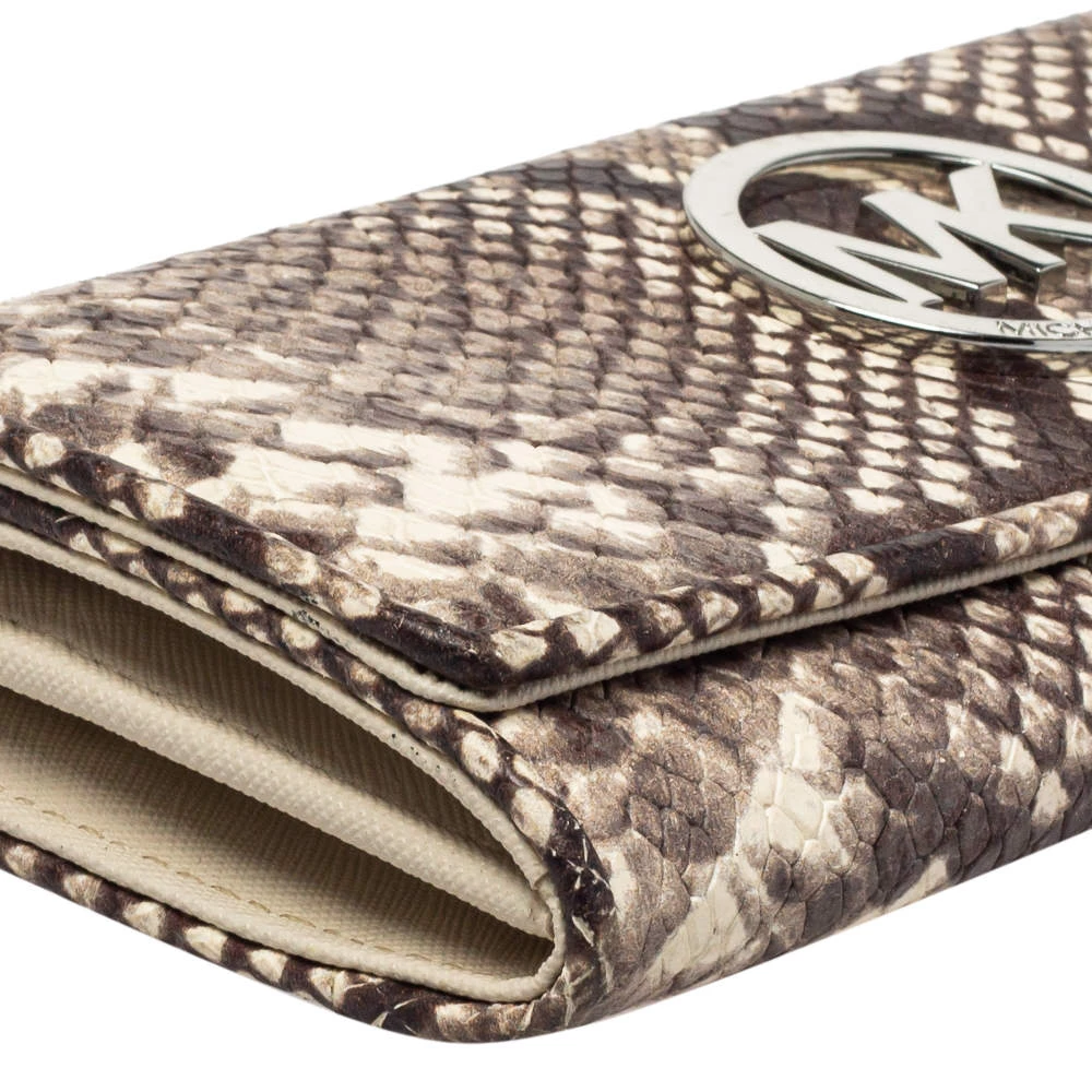 Michael Kors White/Brown Python Embossed Leather Flap Continental Wallet For Women - Image 10