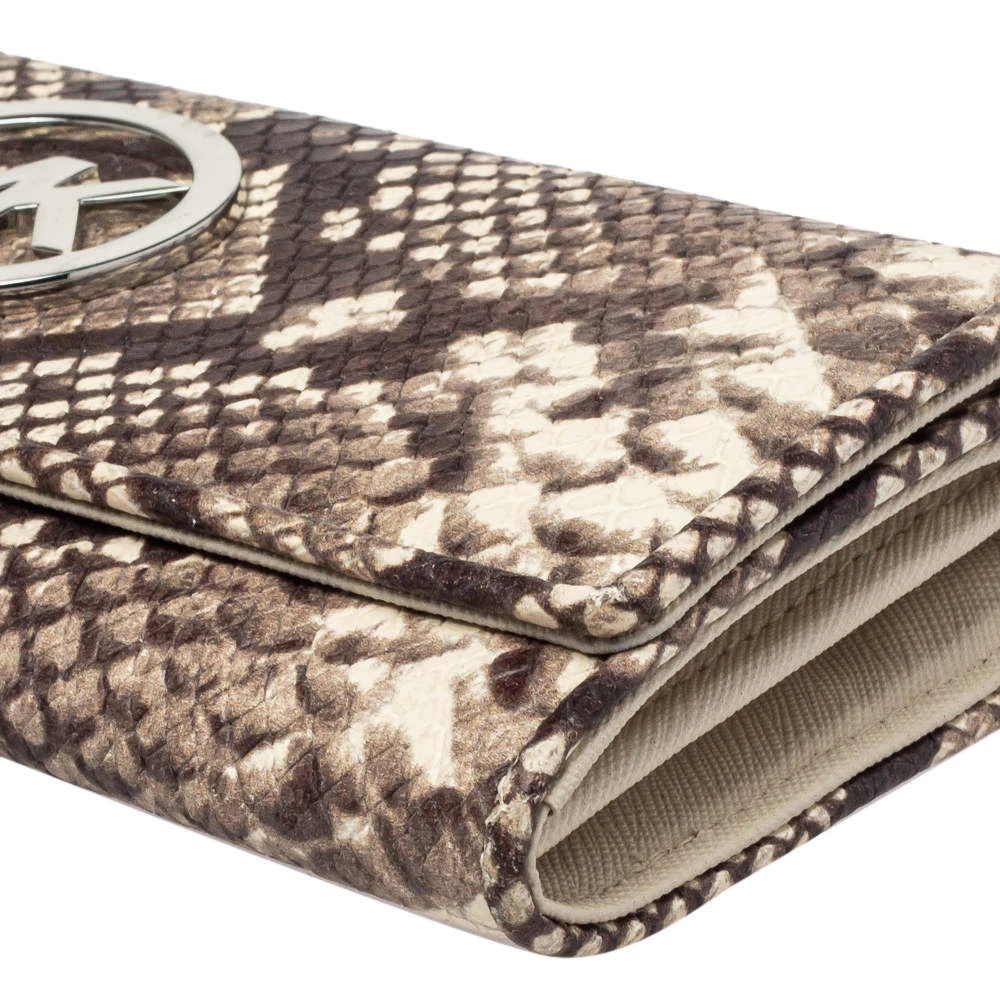 Michael Kors White/Brown Python Embossed Leather Flap Continental Wallet For Women - Image 11