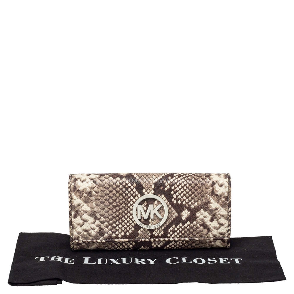 Michael Kors White/Brown Python Embossed Leather Flap Continental Wallet For Women - Image 9