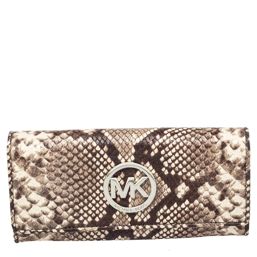 Michael Kors White/Brown Python Embossed Leather Flap Continental Wallet For Women