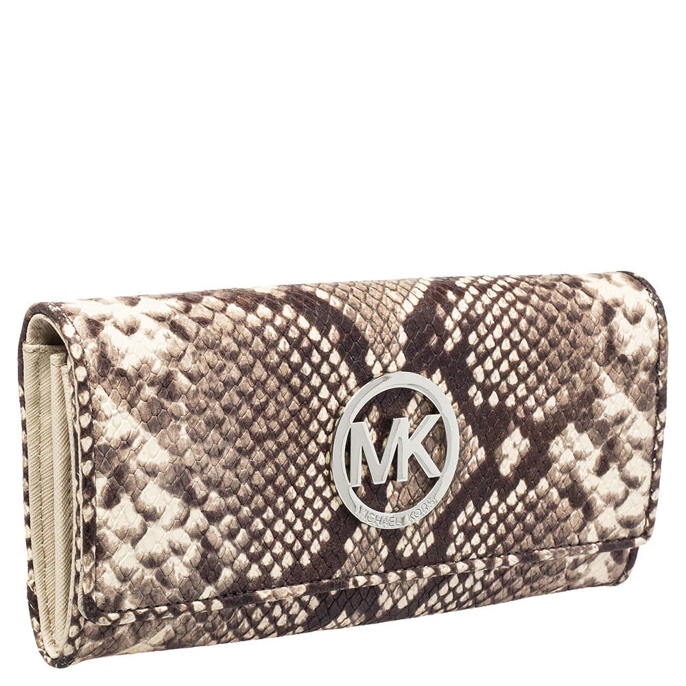 Michael Kors White/Brown Python Embossed Leather Flap Continental Wallet For Women - Image 3
