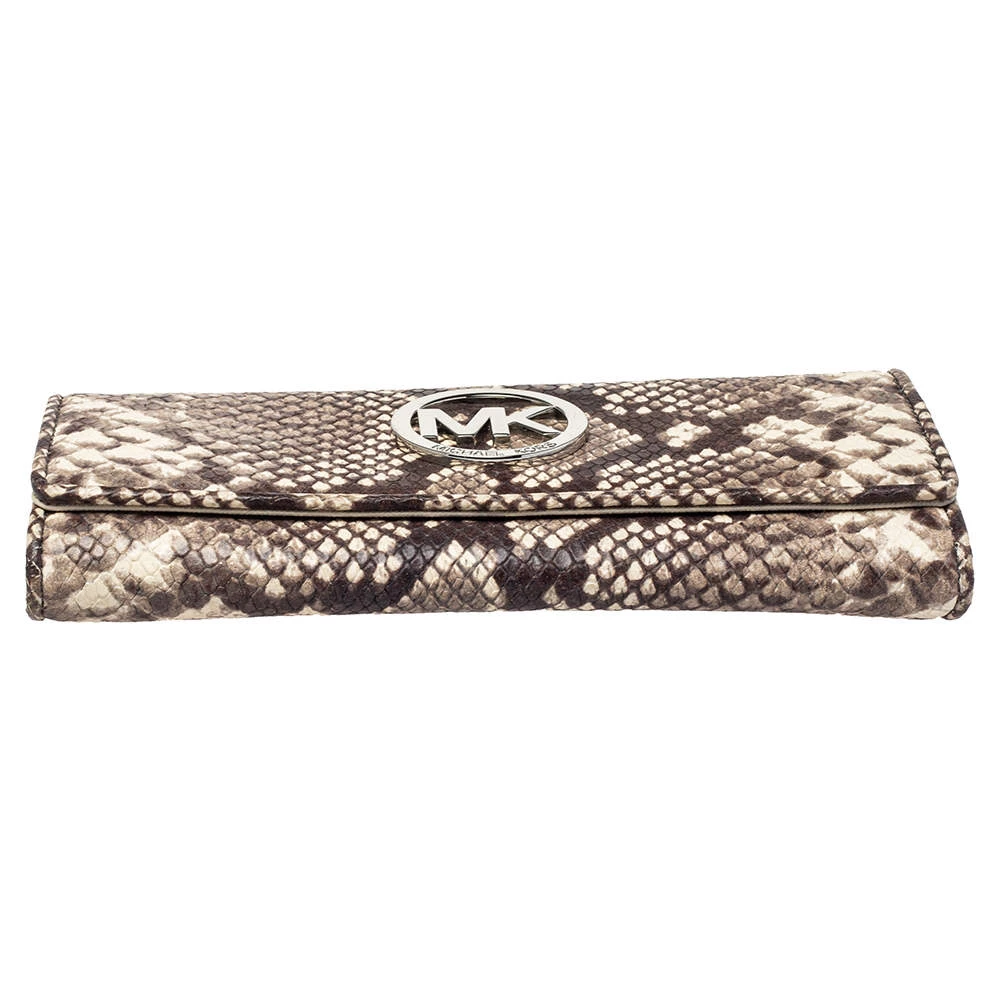Michael Kors White/Brown Python Embossed Leather Flap Continental Wallet For Women - Image 6