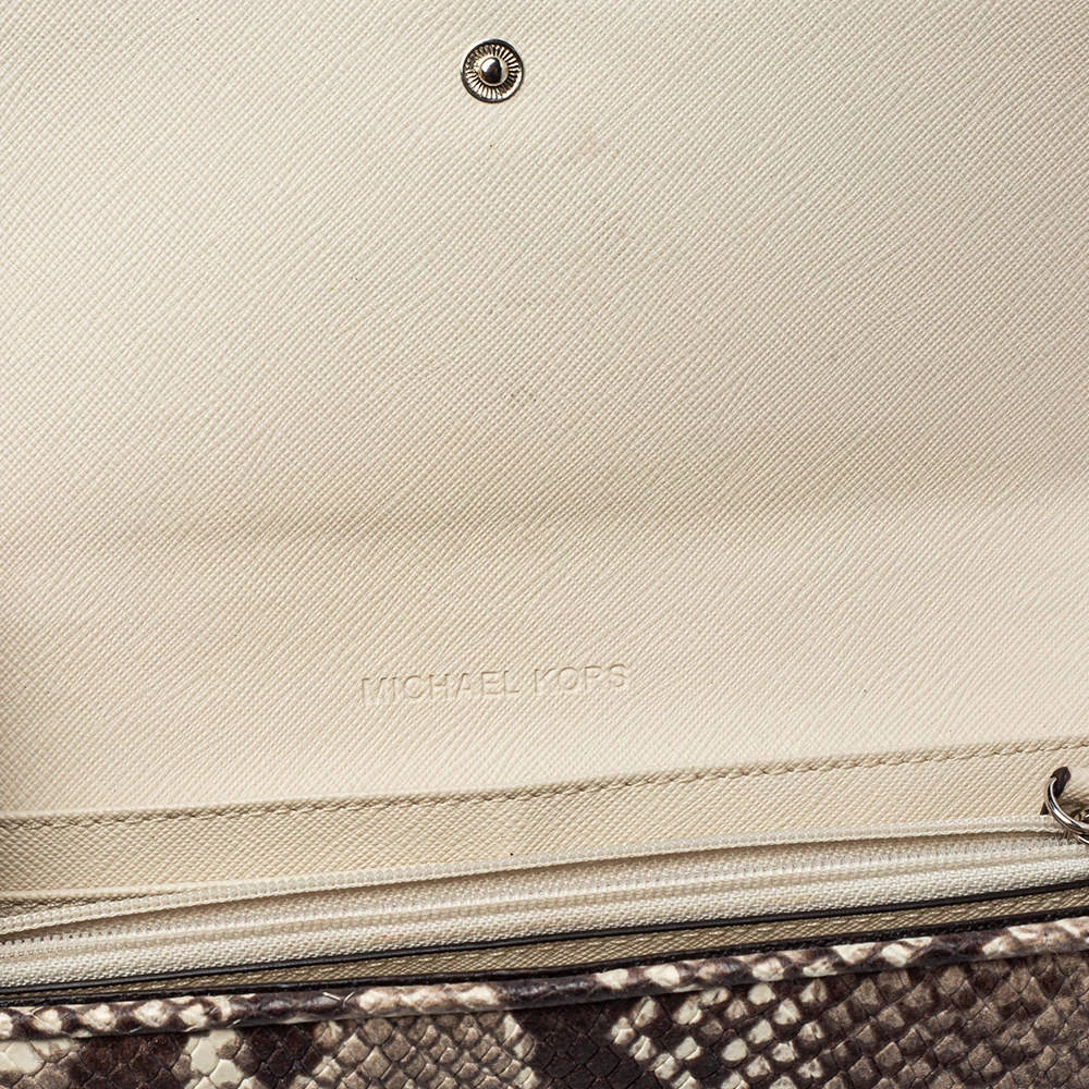 Michael Kors White/Brown Python Embossed Leather Flap Continental Wallet For Women - Image 8