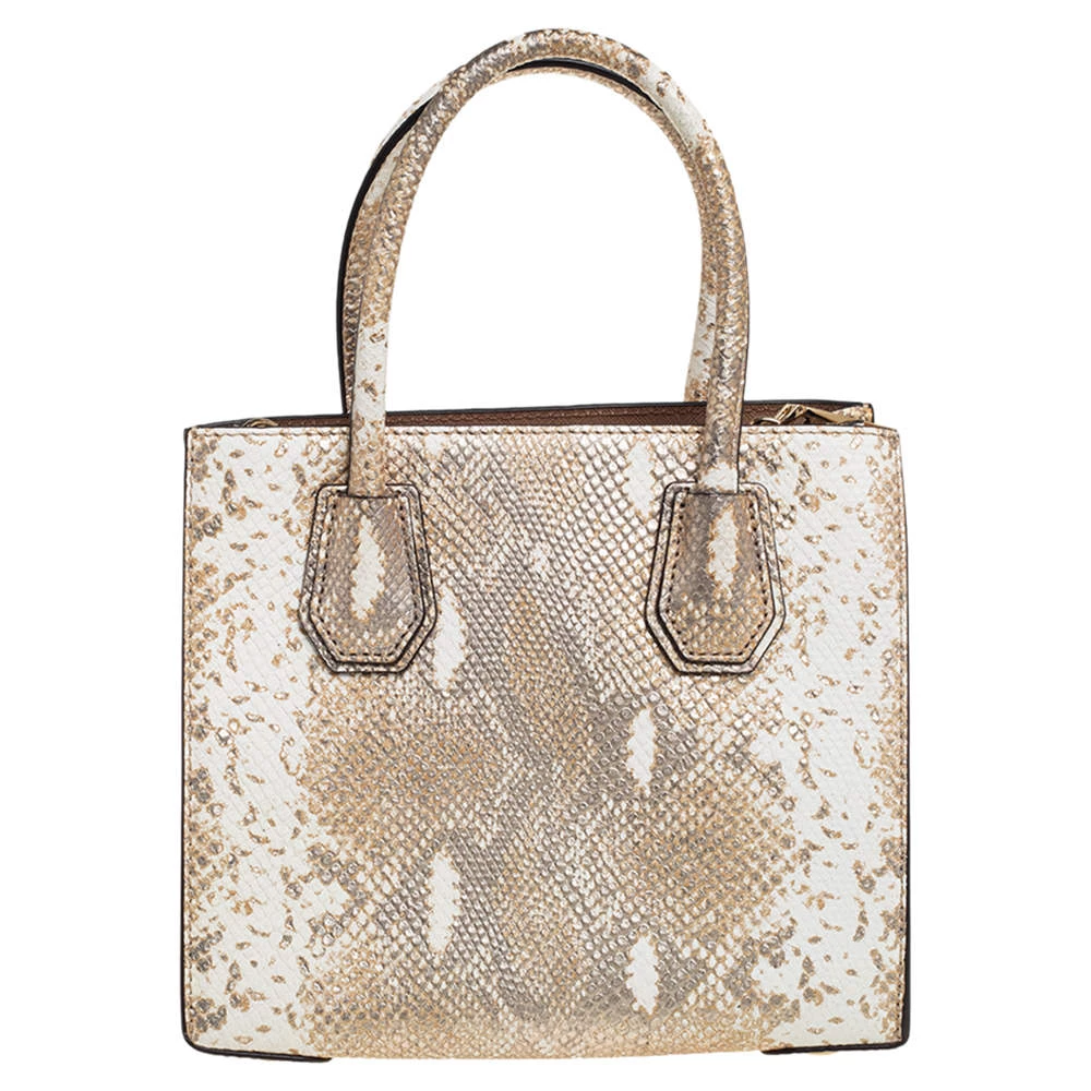 Michael Kors White/Gold Python Embossed Leather Small Mercer Tote For Women
