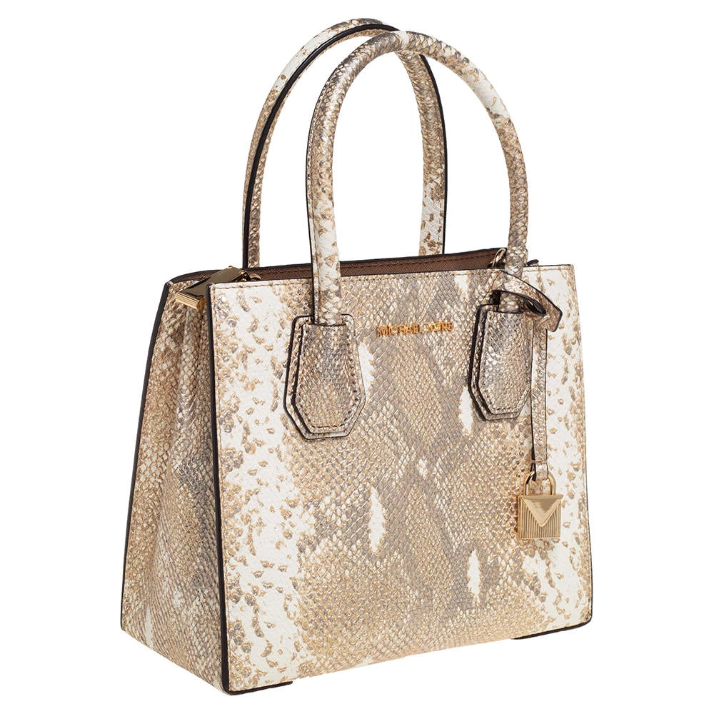 Michael Kors White/Gold Python Embossed Leather Small Mercer Tote For Women - Image 3