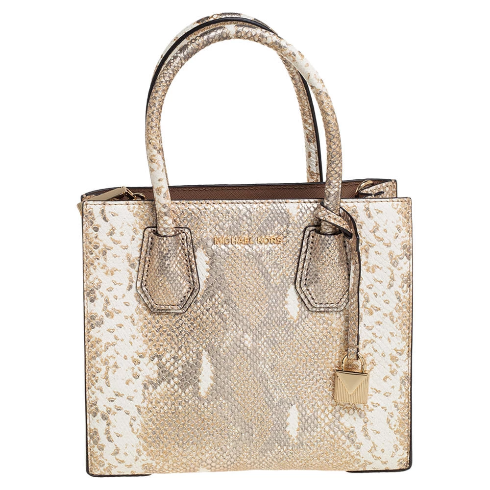 Michael Kors White/Gold Python Embossed Leather Small Mercer Tote For Women - Image 4