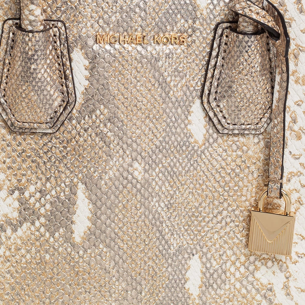 Michael Kors White/Gold Python Embossed Leather Small Mercer Tote For Women - Image 5