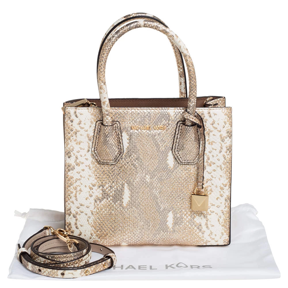Michael Kors White/Gold Python Embossed Leather Small Mercer Tote For Women - Image 9