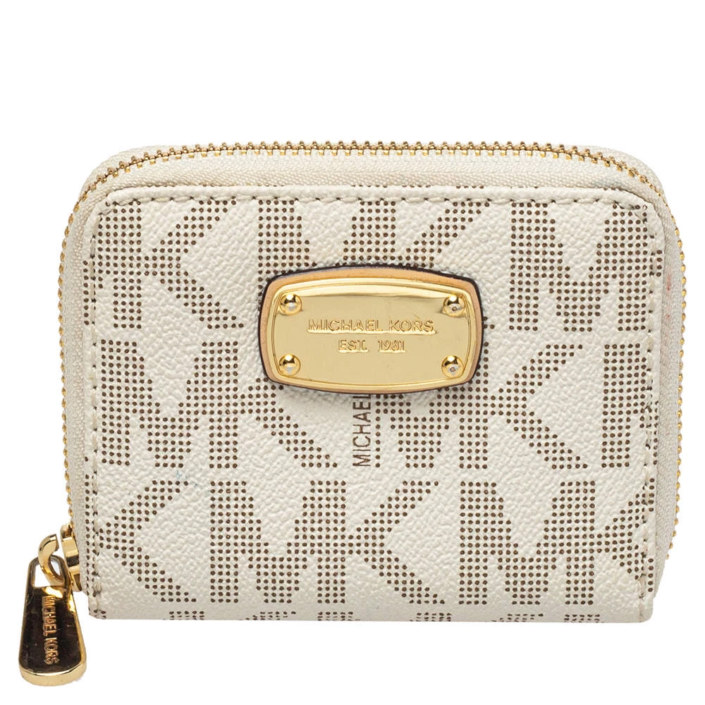 Michael Kors Micheal Kors White Signature Coated Canvas Zip Around Compact Wallet For Women