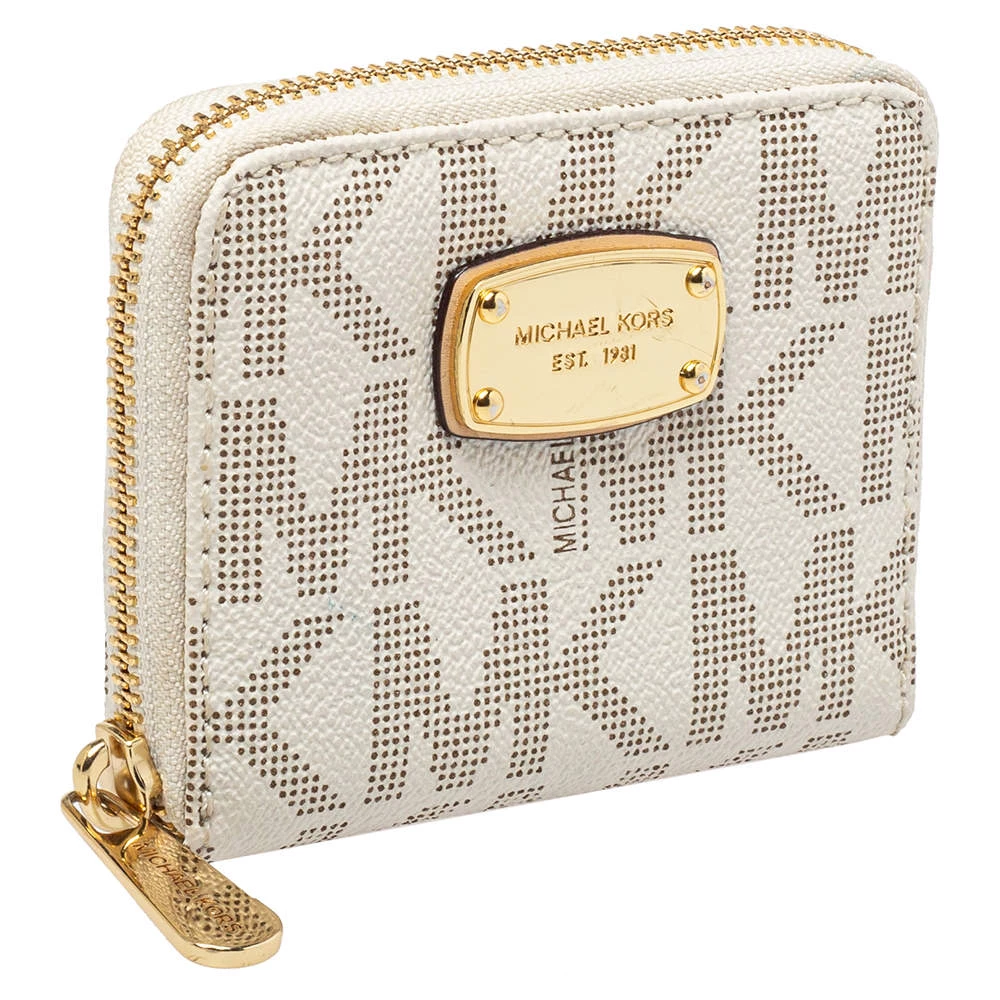 Michael Kors Micheal Kors White Signature Coated Canvas Zip Around Compact Wallet For Women - Image 3