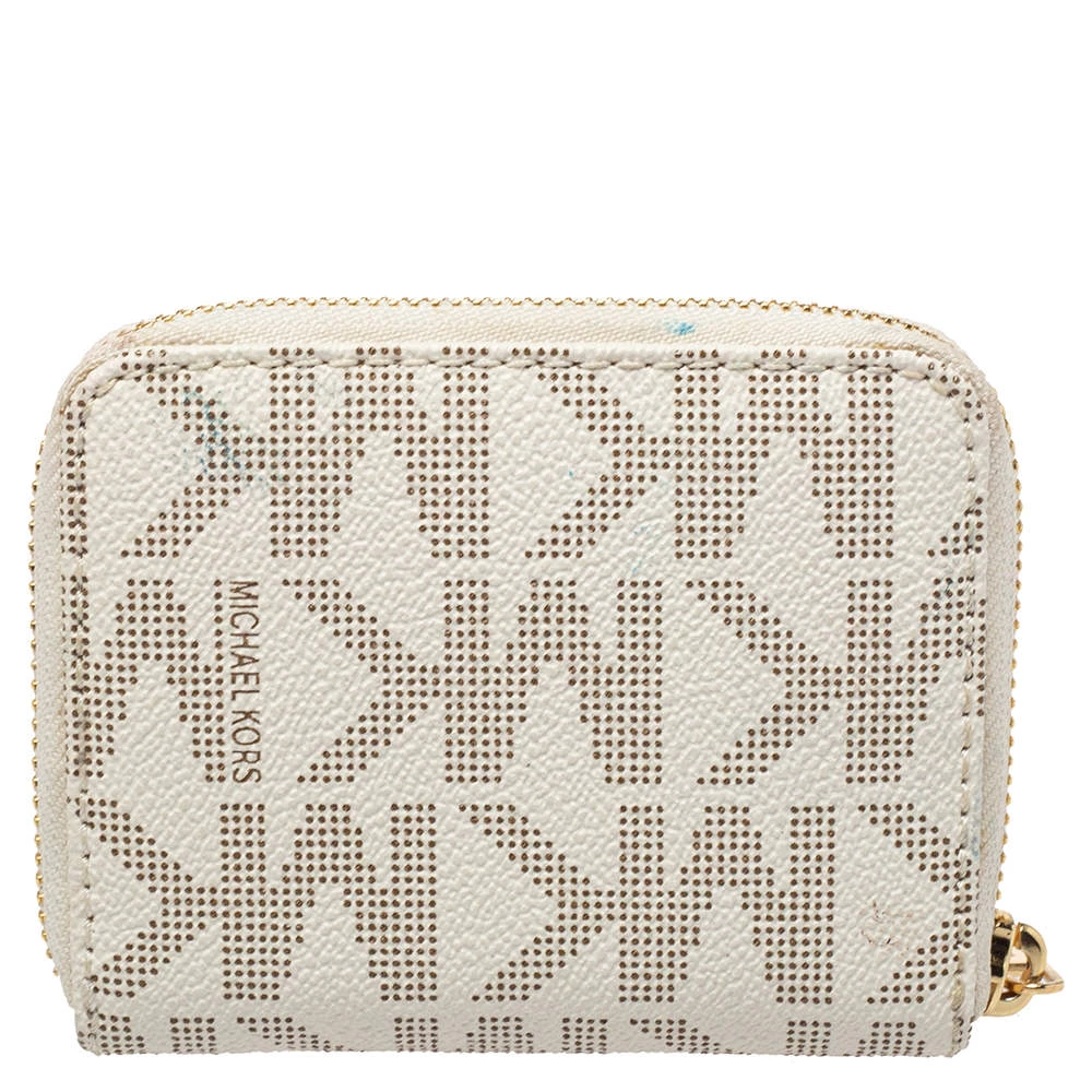 Michael Kors Micheal Kors White Signature Coated Canvas Zip Around Compact Wallet For Women - Image 4