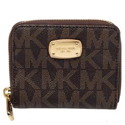 Michael Kors Brown Signature Coated Canvas Zip Around Compact Wallet For Women