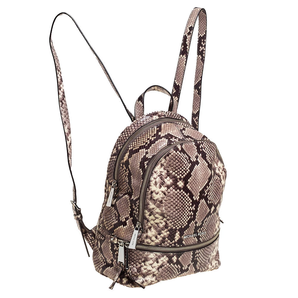 Michael Kors Beige/Brown Python Embossed Leather Small Rhea Backpack For Women - Image 3