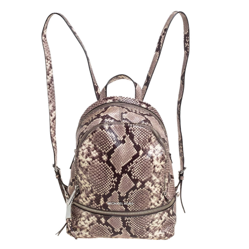 Michael Kors Beige/Brown Python Embossed Leather Small Rhea Backpack For Women