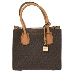 Michael Kors Two Tone Brown Signature Coated Canvas And Leather Mini Mercer Tote For Women