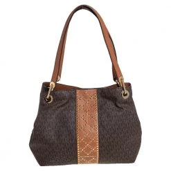 Michael Kors Brown Signature Coated Canvas And Leather Raven Studded Shoulder Bag For Women