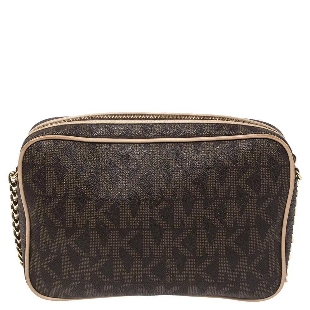 Michael Kors Brown/Beige Signature Coated Canvas East/West Crossbody Bag For Women - Image 4