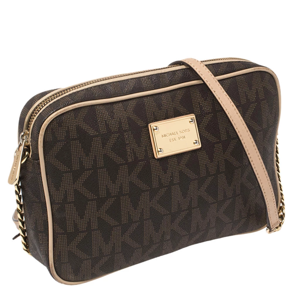 Michael Kors Brown/Beige Signature Coated Canvas East/West Crossbody Bag For Women - Image 3