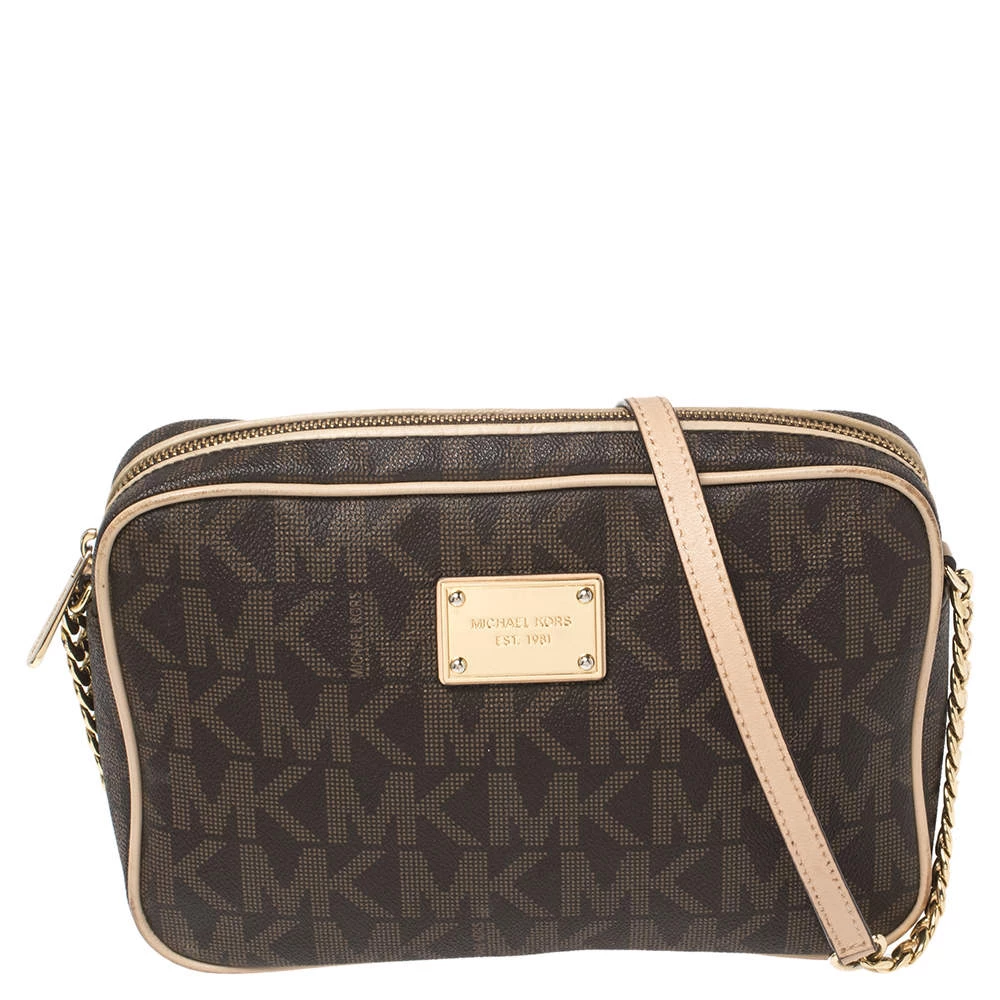 Michael Kors Brown/Beige Signature Coated Canvas East/West Crossbody Bag For Women