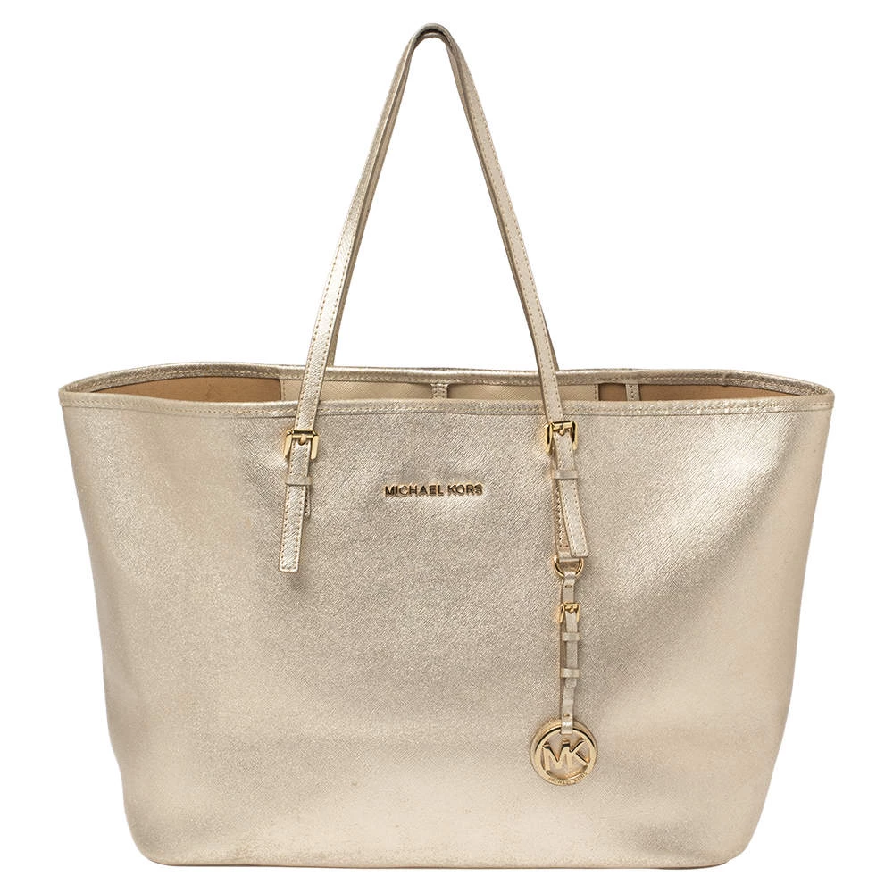 Michael Kors Metallic Gold Leather Large Jet Set Travel Tote For Women