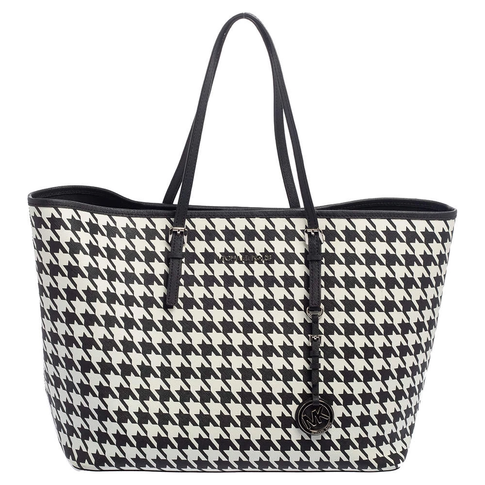 Michael Kors Hounds Tooth Printed Leather Jet Set Travel Tote For Women