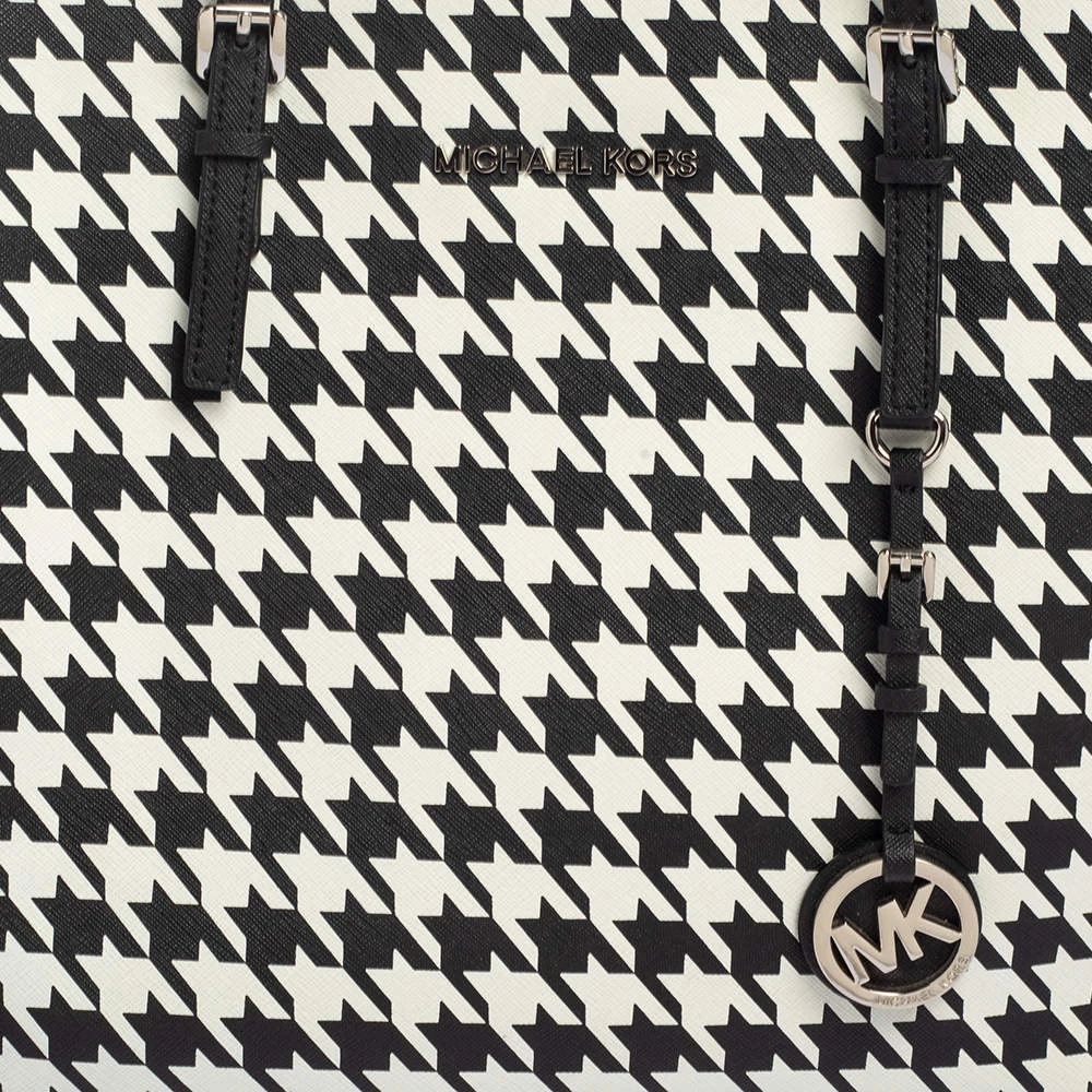 Michael Kors Hounds Tooth Printed Leather Jet Set Travel Tote For Women - Image 5