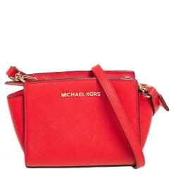 Michael Kors Orange Saffiano Leather Mini Selma Crossbody Bag For Women