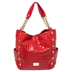 Michael Kors Red Croc Embossed Patent Leather Delancy Tote For Women