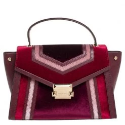 Michael Kors Brown/Burgundy Leather And Velvet Whitney Top Handle Bag For Women