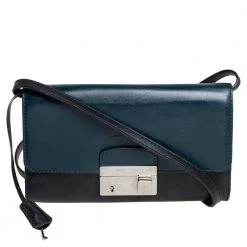 Michael Kors Teal Green/Black Leather Gia Clutch On Strap For Women